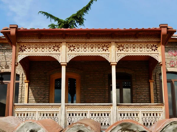 Traditioneel Houten Balkon Het Oude Historische Deel Van Telavi Stad — Stockfoto