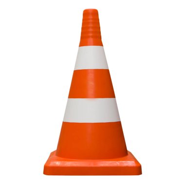 Trafik konileri. Beyaz arka planda yansıtıcı çizgileri olan turuncu plastik koni. Sinyal konisi. Turuncu ve beyaz çizgili trafik konisi..