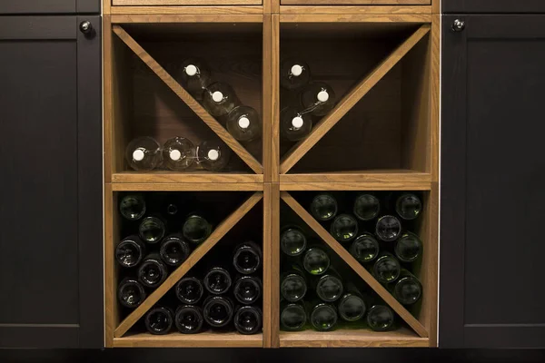 Dark Wooden Storage Cabinet Bottle Plenty Empty Bottled Glass Wooden — Stock Photo, Image