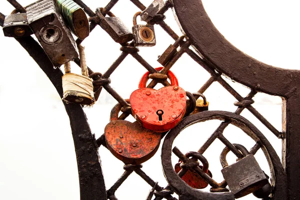 Beautiful metal wedding locks, symbol of love. Metal locks. Heart locks. Wedding locks on the fence.