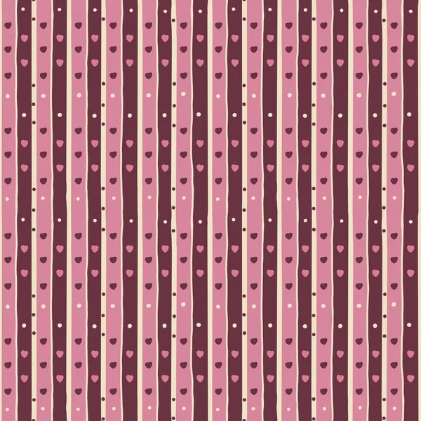 A pattern of stripes vertical and horizontal with hearts and dots in pink, brown and beige. — Stock Photo, Image