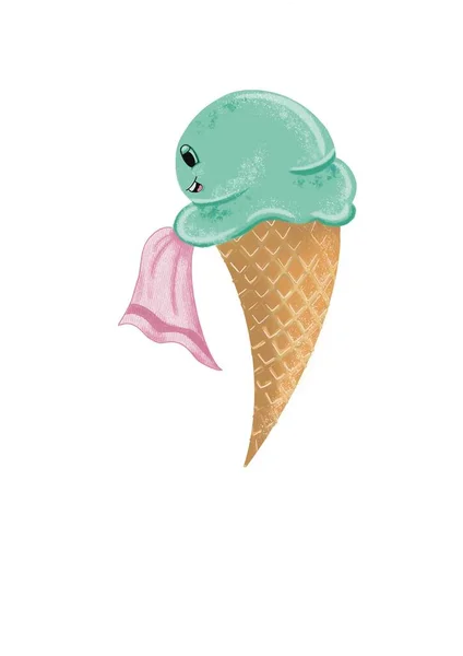 A merry mint ice cream cone holds a handkerchief in his hands. Cute ice cream character.