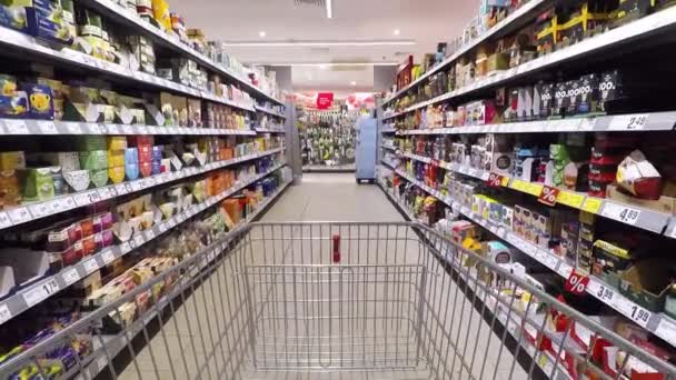 Shopping Livsmedel Supermarket Shopping Livsmedel Supermarket Bläddrar Shoppingvarukorg Mall Köpa — Stockvideo