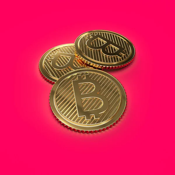 Bitcoin 'ler masanın üstünde. Renkli arkaplanda izole edilmiş altın kripto para birimleri. 