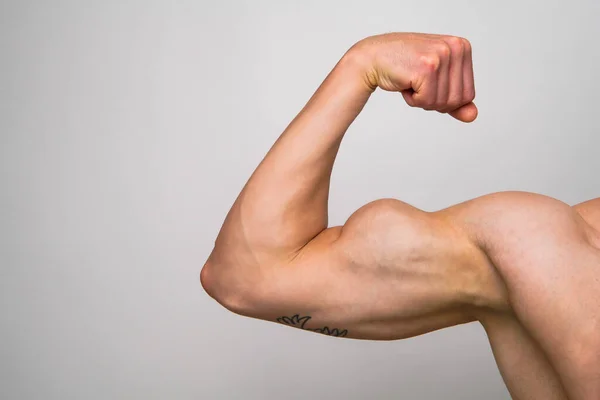 Muskulöser Bizeps Auf Grauem Hintergrund Männchen Beugt Seinen Arm Bodybuilder lizenzfreie Stockbilder