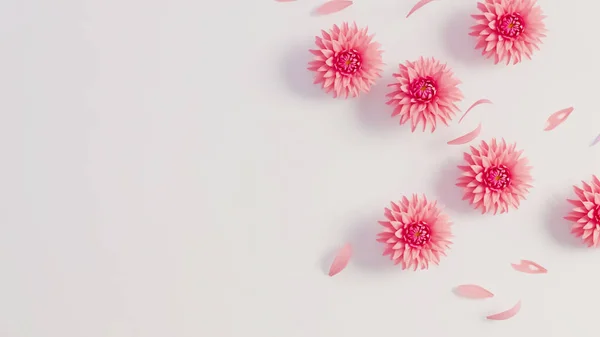 Pink blooming flowers on white background. Concept for wedding invitation background with pink floral flowers and copy space