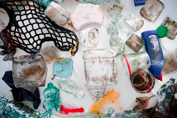 Plastic free and zero waste concept - pile of plastic junk. Top view from different plastic waste collection. Pile of junk collection from the ocean.