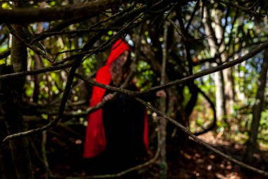 Ormanın içinde kırmızı pelerinli bir kadın.