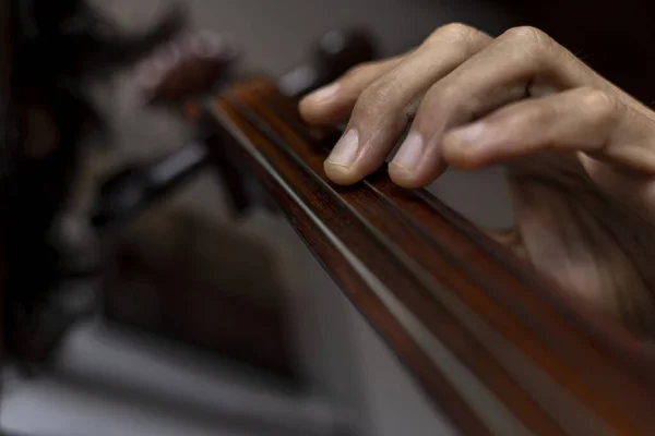 Primer Plano Mano Colocada Correctamente Primera Posición Sobre Violonchelo Concepto —  Fotos de Stock