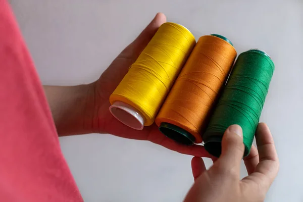 Latin American Seamstress Hands Holding Spools Thread Different Colors — 图库照片