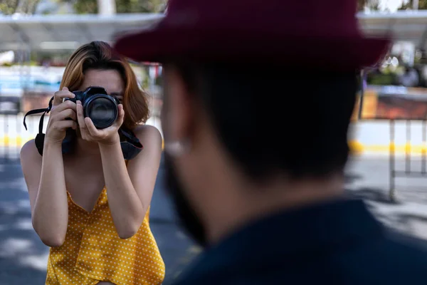 Young Latin American Woman Camera Hand Takes Pictures Her Partner — Foto Stock