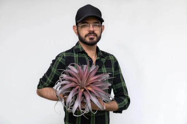 Portrait of Latin American male gardener holding a parasitic plant