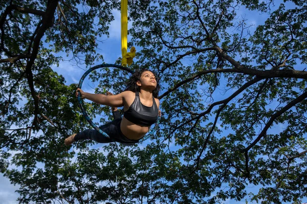 Young Latin American Woman Open Air Aerial Hoop — Photo