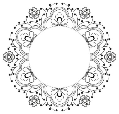 Çerçeve, boyama kitabı sayfası, çiçek çemberi siyah beyaz, karalama el çizimi 