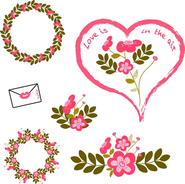 San Valentin Flowers Set Flowers Floral Wreath Heart Bouquet Card — Stock Photo, Image