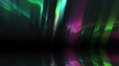 Muhteşem Parlak Gerçekçi Aurora Borealis 'in Animasyonu. Gölün manzarasını yansıtıyor. Arka planda dinamik yıldızlar hareketi