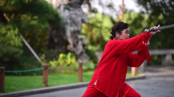 Bătrâna Îşi Leagănă Sabia Practică Tai Chi Pentru Vârstnici — Videoclip de stoc