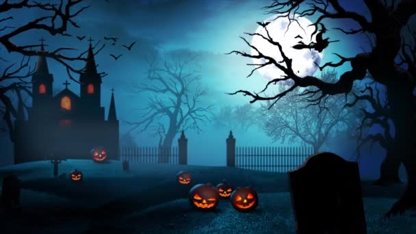 Хэллоуинская Анимация Концепцией Зелёной Ночи Луны Сияющих Звёзд Летающей Ведьмы — стоковое видео
