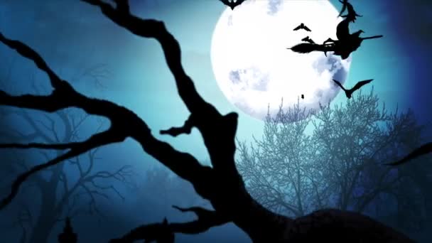 緑の夜 輝く星 空飛ぶ魔女 コウモリ アニメーション木 幽霊の城 怖いカボチャをコンセプトにしたハロウィーンのアニメーション ハロウィンアニメ — ストック動画