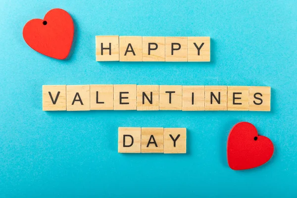 Valentijnsdag Inscriptie Happy Valentine Day Rood Een Blauwe Achtergrond Vakantie — Stockfoto