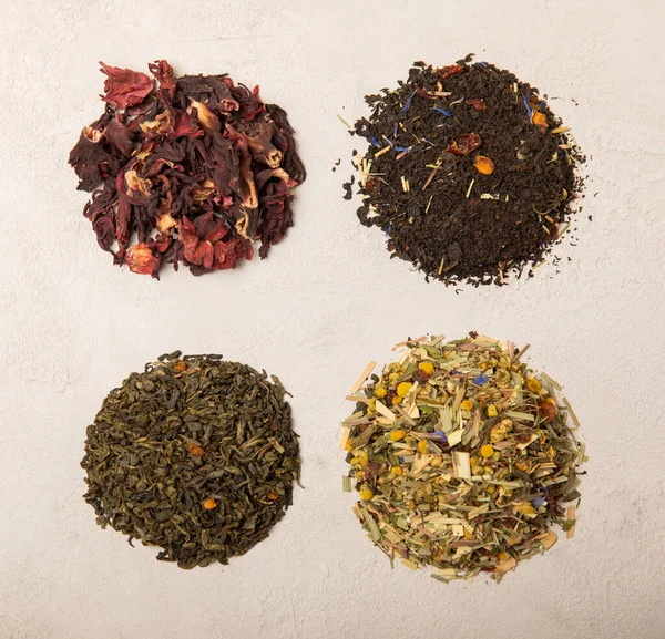 Set Mit Verschiedenen Teesorten Auf Hellem Hintergrund Kräuter Grün Schwarz — Stockfoto