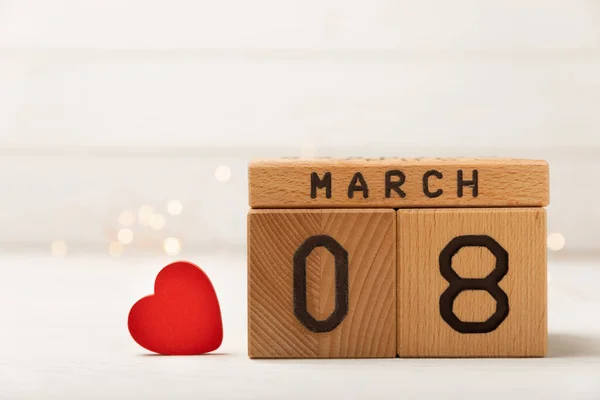 Internationale Vrouwendag Prachtige Ansichtkaart Voor Maart Houten Kalender Hart Een — Stockfoto