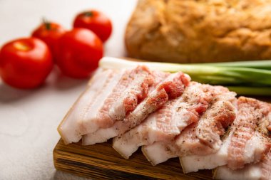 Domuz yağı, yeşil soğan, ev yapımı ekmek ve kiraz domatesli gri taşlı arka plan. Salo olsun. Lezzetli tuzlu domuz yağı ve biber. Kopya için yer var. Metin için boşluk.