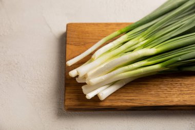 Gri taşlı arka planda taze taze soğan. Taze sebzeler. Salata soğanı. Vitaminler. Boşluğu kopyala. Metin için yer.