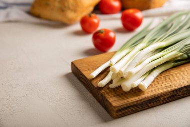 Yeşil soğan, ev yapımı ekmek ve gri taştan arka planda kiraz domatesleri. Taze sebzeler. Vitaminler. Boşluğu kopyala. Metin için yer.