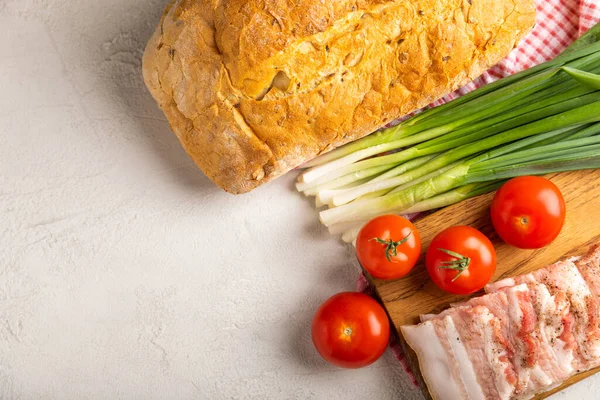 Domuz yağı, yeşil soğan, ev yapımı ekmek ve kiraz domatesli gri taşlı arka plan. Salo olsun. Lezzetli tuzlu domuz yağı ve biber. Kopya için yer var. Metin için boşluk.
