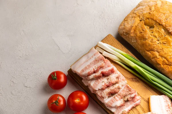 Domuz yağı, yeşil soğan, ev yapımı ekmek ve kiraz domatesli gri taşlı arka plan. Salo olsun. Lezzetli tuzlu domuz yağı ve biber. Kopya için yer var. Metin için boşluk.