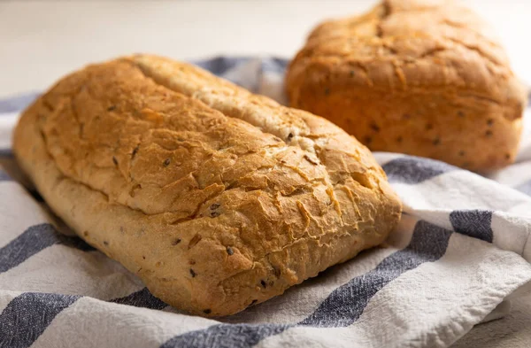 Fresh Homemade Bread Kitchen Towel Gray Cement Background Bread Flax — 스톡 사진