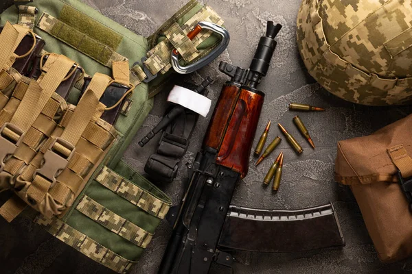 Military Body Armor Helmet Ammunition Kalashnikov Assault Rifle Matrons First — Fotografia de Stock