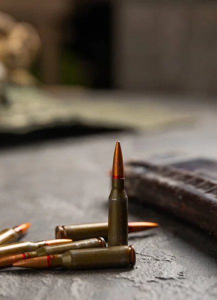 Bullets Black Textured Marble Bullets Kolashnikov Assault Rifle Close Space — Stock Photo, Image