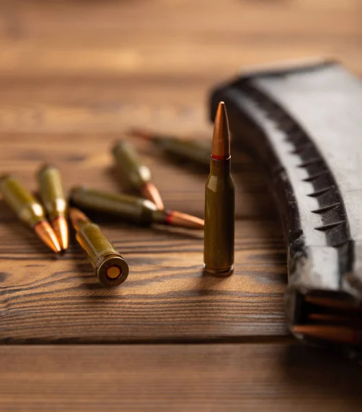 Bullets Ammo Magazine Kalashnikov Assault Rifle Brown Wood Composition Place — Stock Photo, Image