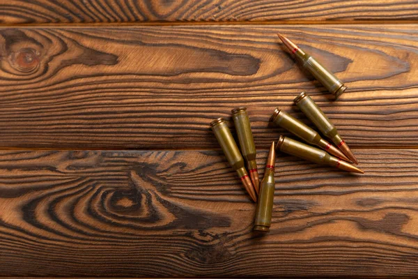 Bullets Ammo Magazine Kalashnikov Assault Rifle Brown Wood Composition Place — Stock Photo, Image