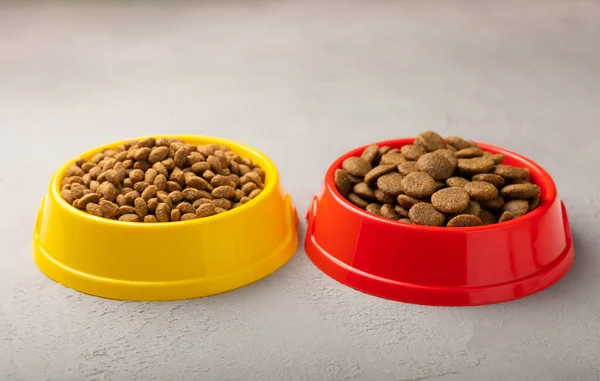 Dry food for cats and dogs in a yellow and red bowl on  cement background.Vitamins and nutrients for good health and pet energy.