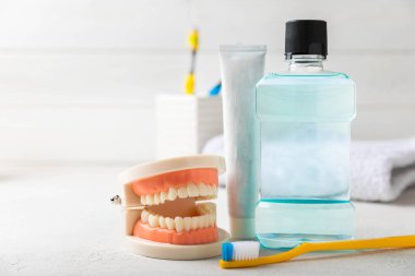 Ağız temizliği ürünleri ve beyaz ahşap arka planda diş modelleri. Diş fırçası, diş macunu ve ağız gargarası beyaz arka planda. Diş sağlığı konsepti. Ağız bakımı konsepti.