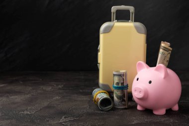 Seyahat. Tatil parası tasarruf konsepti, kumsal tatili. Minyatür valizler ve 100 dolarlık faturalar. Tatil için yer ayırmak..
