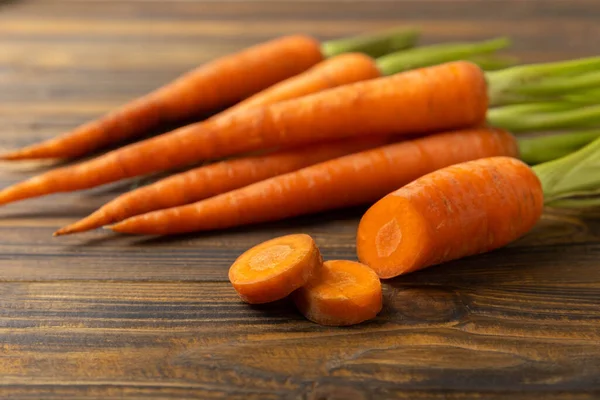 Fresh Sweet Carrots Brown Wooden Table Healthy Vegan Food Fresh — Stock Photo, Image