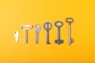 Saatler, tabutlar ve eşsiz şekilleri ve tasarımları olan kapılar için dekoratif anahtarlar. Soyut arkaplan kalıpları ve desenler. Düz yatıyordu.