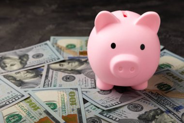 Kara desenli bir domuz kumbarası. Para tasarrufu. Para tasarrufu. Yer kopyalama. Yakın plan..