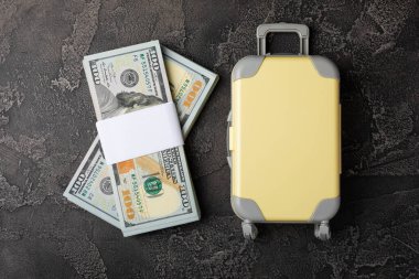 Seyahat. Tatil parası tasarruf konsepti, plaj tatili. Minyatür valizler ve 100 dolarlık faturalar. Tatil için yer ayır..