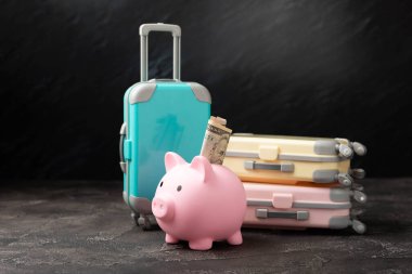 Seyahat. Tatil parası tasarruf konsepti, plaj tatili. Minyatür valizler ve 100 dolarlık faturalar. Tatil için yer ayır..