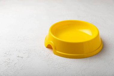 Arka planda kedi ve köpekleri beslemek için sarı kase. Evcil hayvanlarda iyi sağlık ve enerji için vitamin ve besin maddeleri. Boşluğu kopyala.