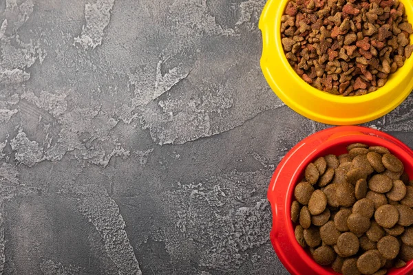 Dry food for cats and dogs in a yellow and red bowl on  cement background.Vitamins and nutrients for good health and pet energy.