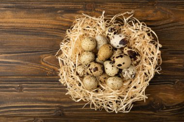 Kahverengi desenli arka planda bıldırcın yumurtası. Organik yiyecek. Mesaj için yer. taze yumurta