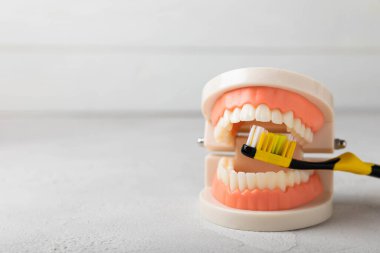 Beyaz ahşap arka planda sarı diş fırçası olan takma dişler. Üst ve alt çeneler takma dişlerle. Takma dişler ya da takma dişler, yakın plan. Kopyala uzayı. Cariesleri önleme.