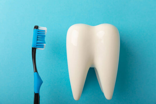 Cleaning model of a white tooth with a toothbrush on a blue background. The concept of dental hygiene. Prevention of plaque and gum disease.Prevention of caries.MOCKUP