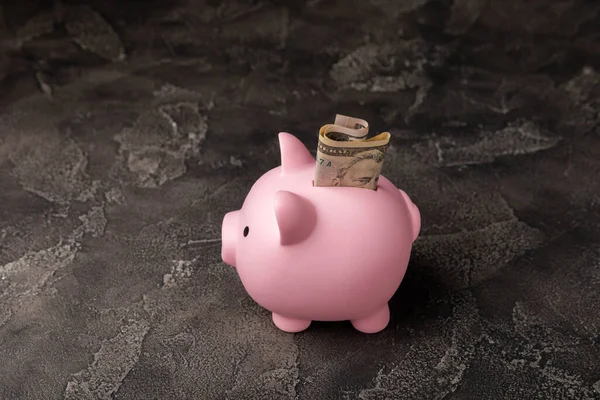 Piggy Τράπεζα Δολάρια Μαύρο Φόντο Υφή Εξοικονόμηση Χρημάτων Έννοια Εξοικονόμηση — Φωτογραφία Αρχείου